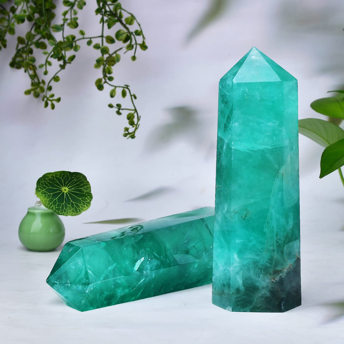 FZBHRO Large Green Fluorite Quartz Towers Crystal Point Obelisk 6 Faceted Healing Crystal Stone Wand for Beginer Meditation Gift 2.2-2.6 Pound