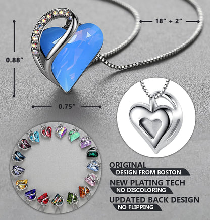 Leafael Valentine's Day Gift Necklaces for Women, Infinity Love Birthstone Heart Crystal Pendant, Birthday Anniversary Jewelry for Wife, Mom, and Her, Silver Plated, 18" + 2" Adjustable Chain