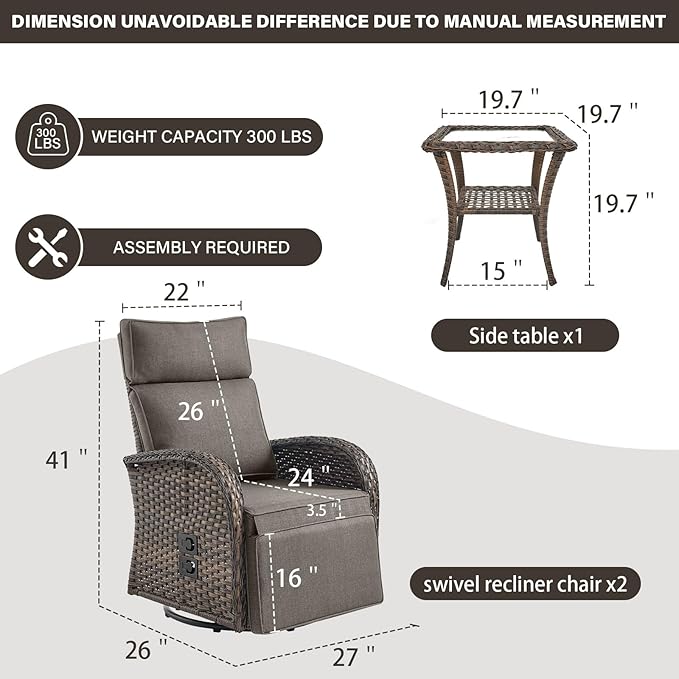 Belord 7 Piece Patio Furniture Set with 4 Swivel Recliner Chairs and 3 Side Tables, Dual-Adjust Wicker Chaise Lounge Chairs for Outdoor Patio Conversation, All-Weather Brown Rattan