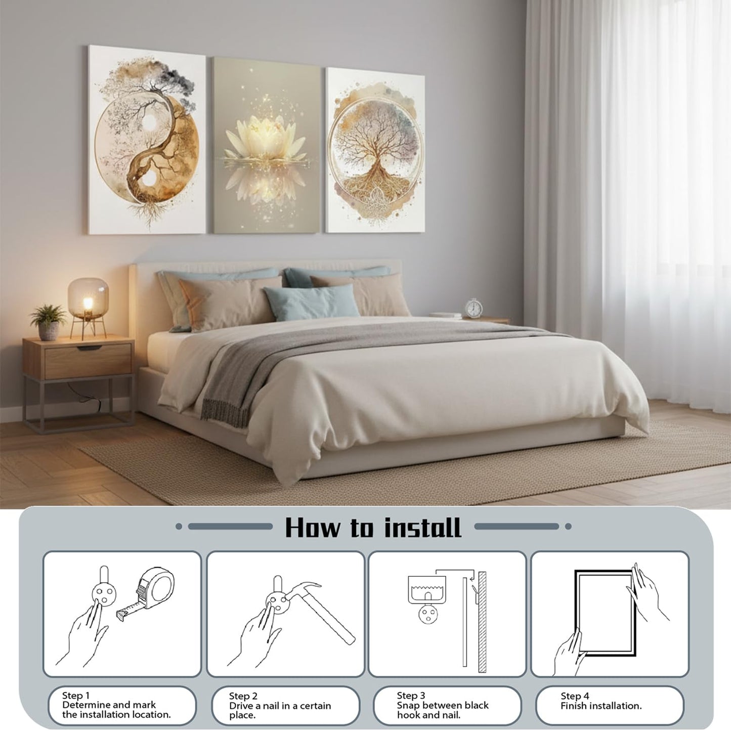 Tree of Life Wall Art Canvas Framed Set of 3 Lotus Zen Wall Decor Painting Poster Abstract YinYang Fall Art Picture Print Artwork for Living Room Yoga Room Bedroom Home Decoration 12x16 inch