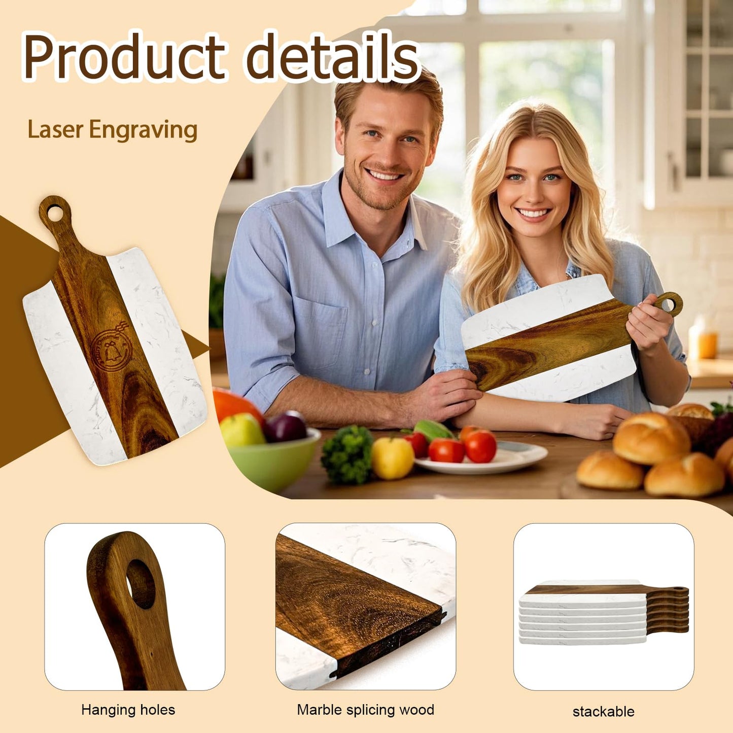6 Pack Marble and Wood Cutting Board Acacia Wooden Marble Serving Tray with Handle Charcuterie Chopping Board for Laser Engrave, DIY Gift(13.75 Inches x 7.25 Inches)