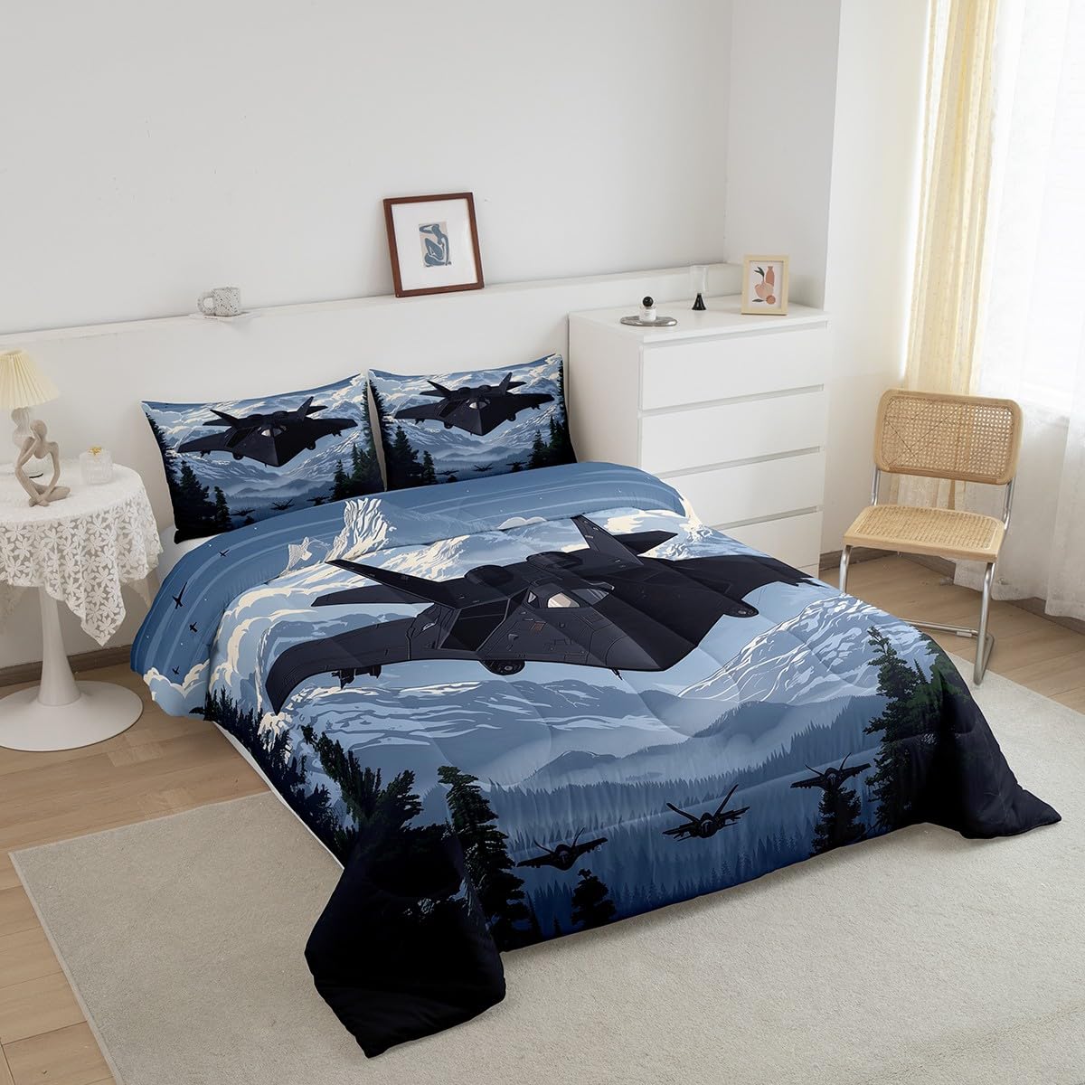 Manfei Modern Airplane Bed Comforter Set Queen Size,Military Black Fighter Plane Aircraft Super Soft Microfiber Bedding Set for Girls Boys,Snowy Mount Pines Trees Nature Paint Decorative Quilter Set