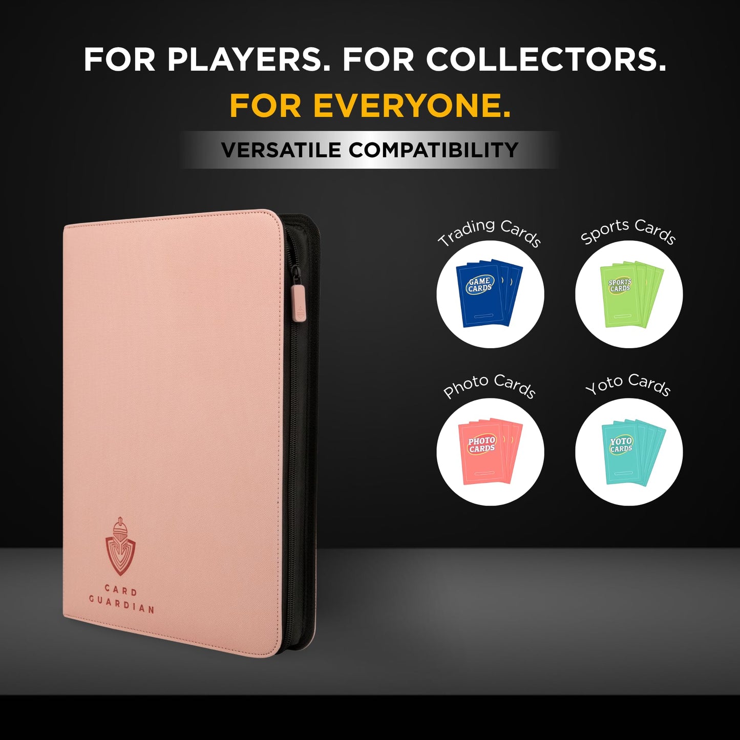 Card Guardian - 9 Pocket Premium Binder with Zipper for 360 cards - side loading pockets for Trading Card Games TCG (Pink)