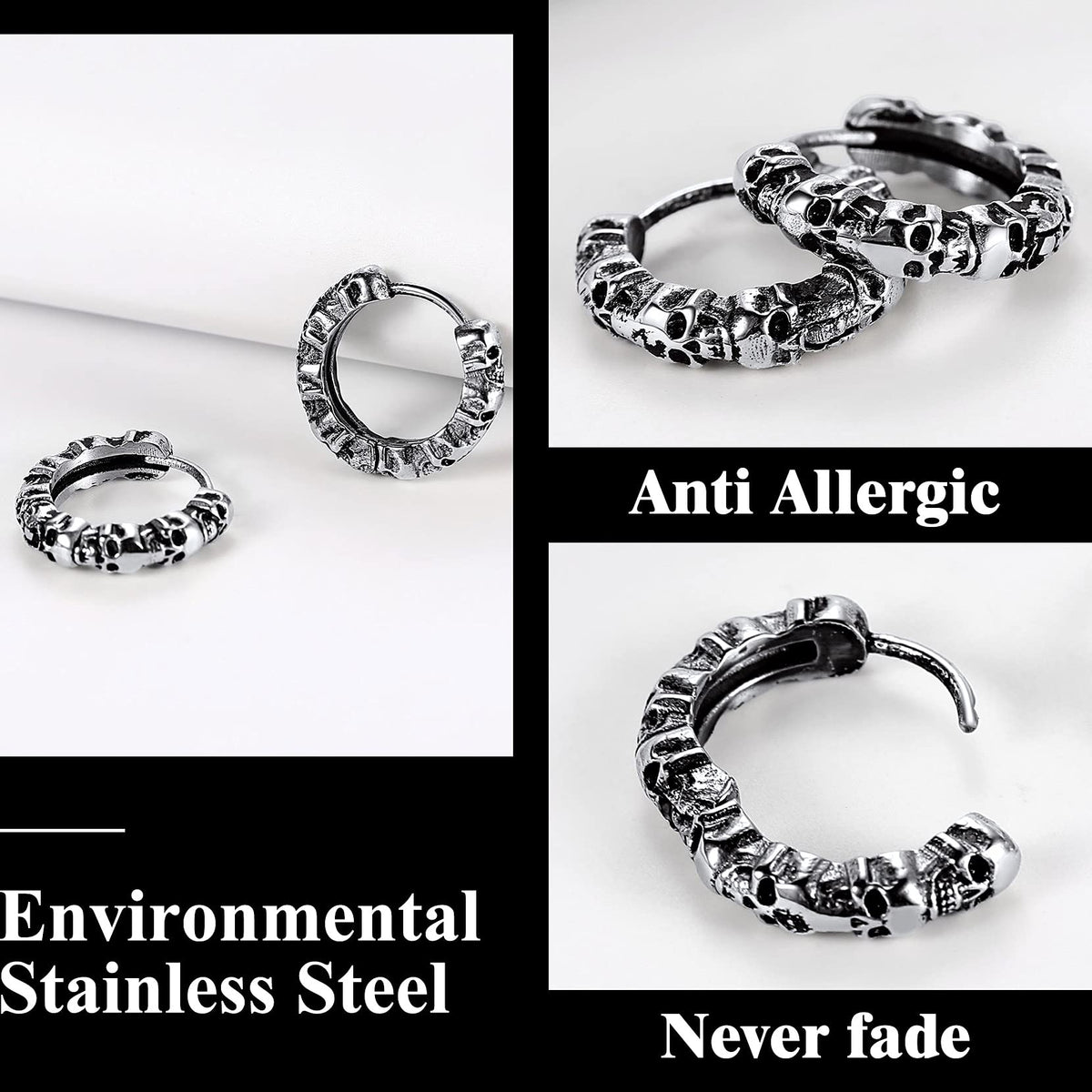 Richsteel 316L Stainless Steel Skull Earrings - Gothic Huggie Hoops for Men & Women, Dark Jewelry Statement Earrings