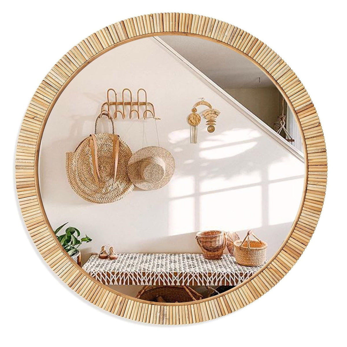 inoseen Decorative Rattan Wall Mirror, Boho Bathroom Modern Makeup Mirror, Rustic Wall Bohemia Mirrors for Bedroom, Living Room, Vanity Versatile Farmhouse, Nursery, Bathroom, 24"x24", Round