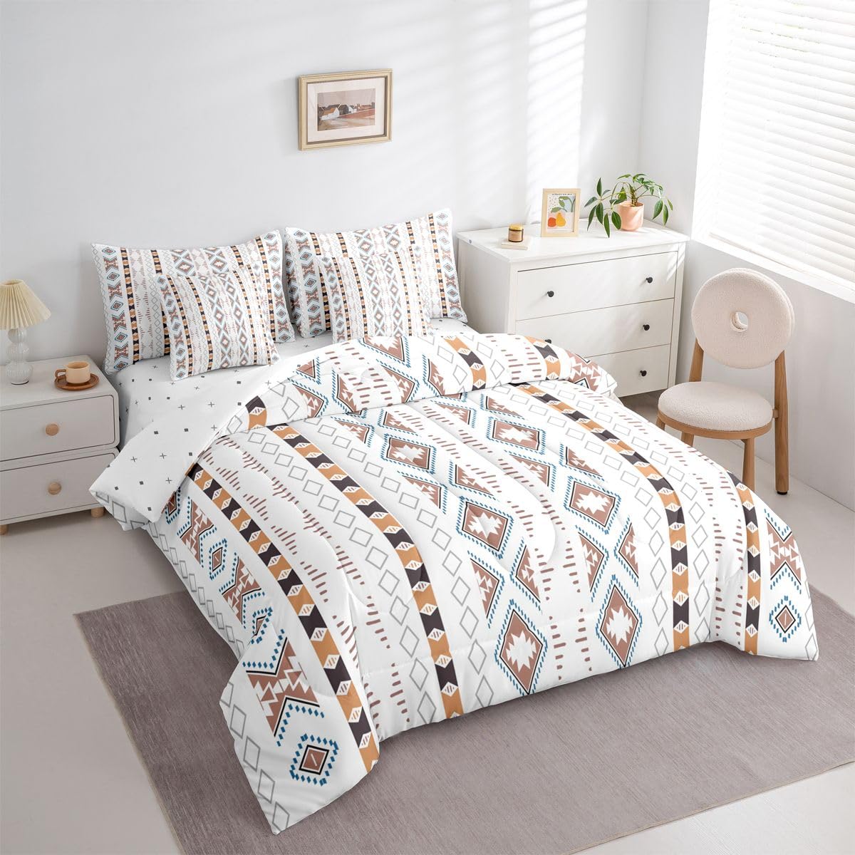 Bohemian Bed in a Bag Queen Comforter Set 7 Piece Geometric Triangle Western Bedding Sets Boho Striped Aztec Comforter and Sheet Set, Country Rustic Bed Sets Exotic Nordic Southwestern Decor,White