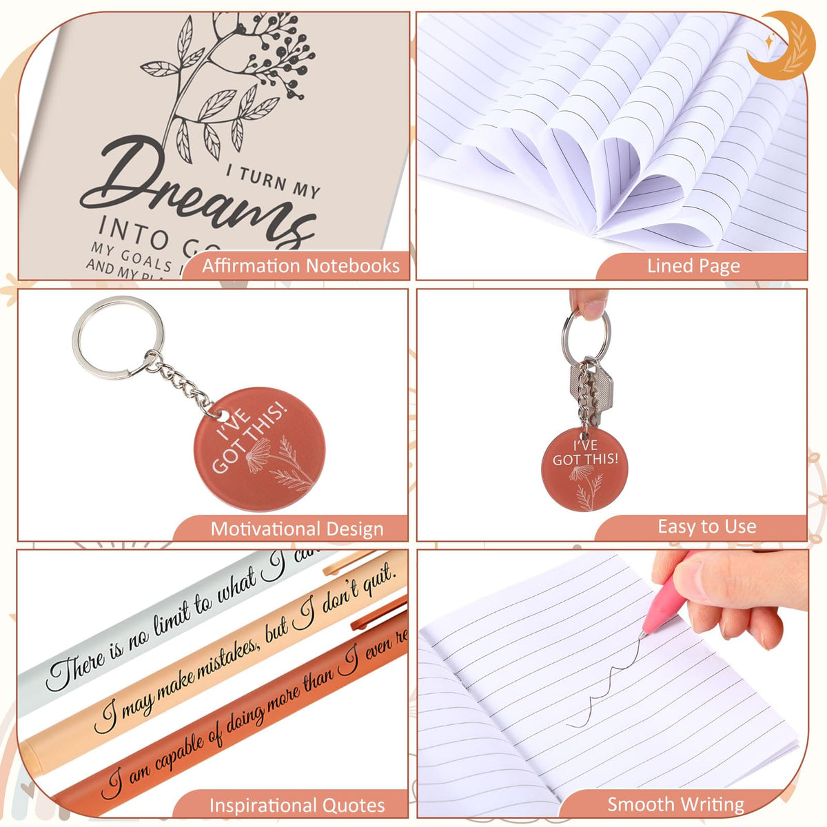 Mooliwe 108 Pcs/36 Set Positive Affirmation Gift Set Gratitude Notebooks with Pens Acrylic Keychains Small Bags Motivational Notepads for Women Coworkers Christmas Adults Party Favors (Vibrant)