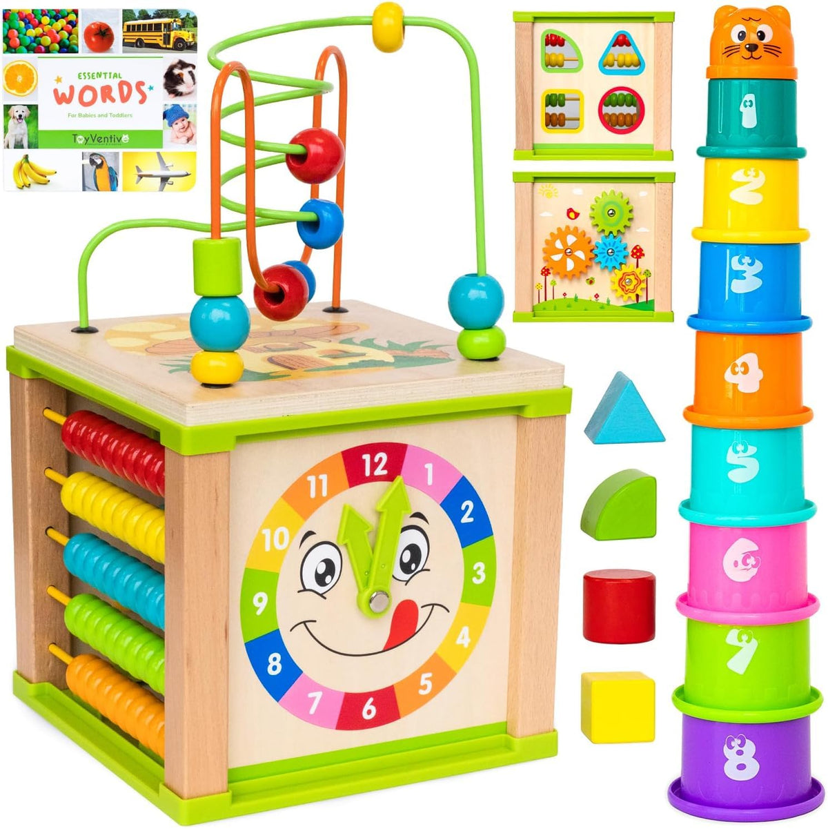 Wooden Activity Cube for Baby, Montessori Toys for 1 Year Old, Baby Toys 1 Year Old, Toys for 1+ Year Old Girl - Wooden Activity Center with Bead Maze Toy, Baby Stacking Cups, Book, in Pink Gift Box