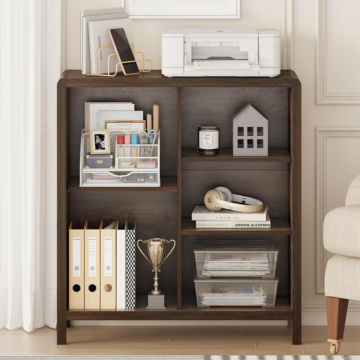 FATORRI 5 Cube Bookshelf, Wood Bookcase with 3 Adjustable Shelves, Farmhouse Cube Storage Organizer Shelf for Small Space Bedroom Living Room (Dark Walnut)