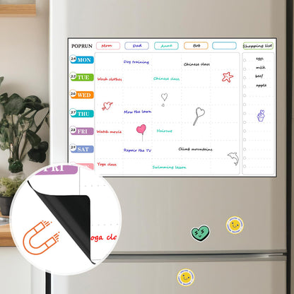 POPRUN Magnetic Weekly Family Planner Whiteboard Calendar for Fridge, A3 Meal Planner Board,Chores Chart for Family and Kids, Fridge Calendar Monday to Sunday, Dry Erase Board for Menu,Memo 43 x 28 cm