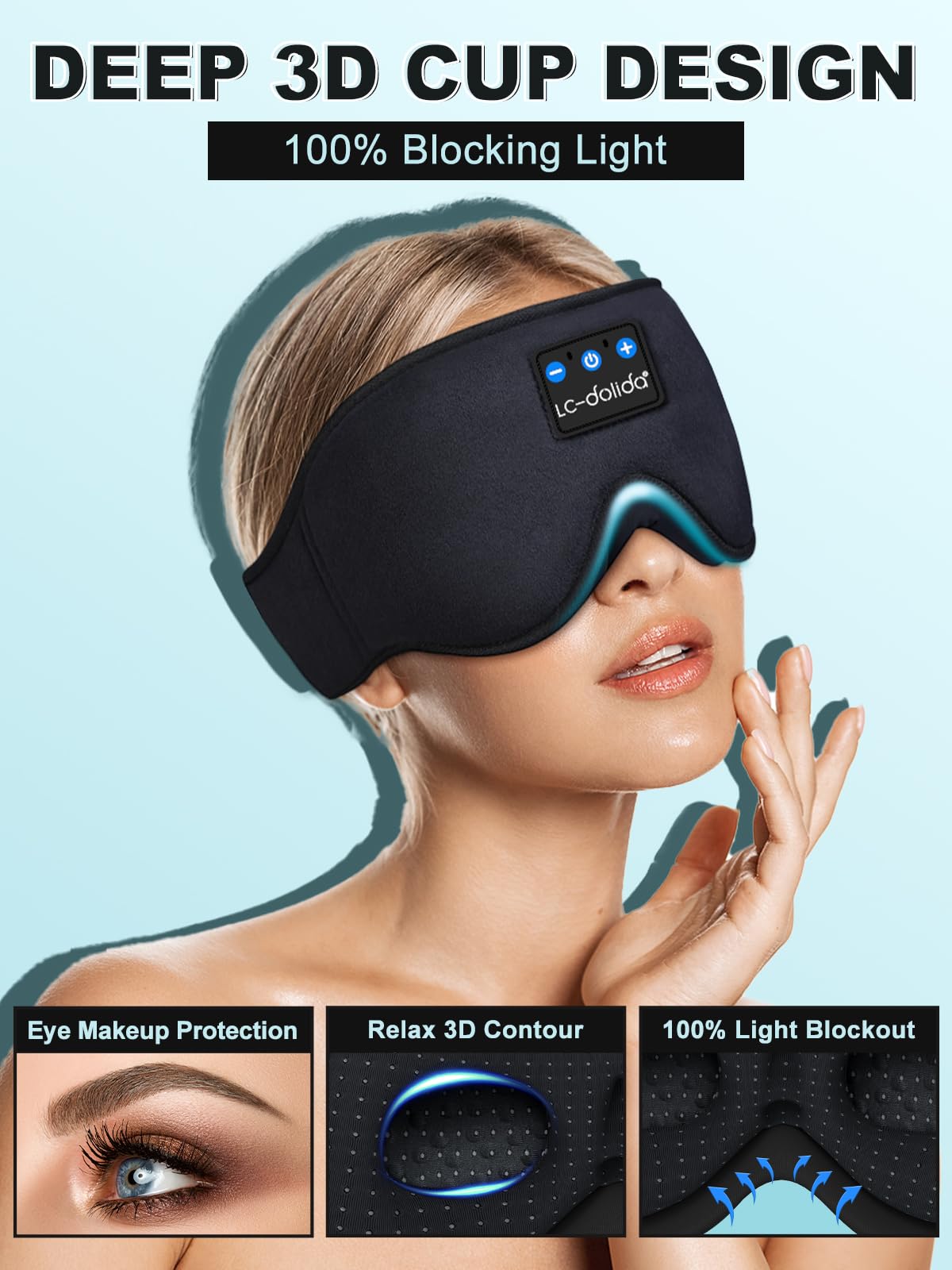 LC-dolida Sleep Headphones, 3D Sleep Mask Bluetooth Wireless Music Eye Mask, Sleeping Headphones for Side Sleepers Sleep Mask with Bluetooth Headphones Ultra-Thin Stereo Speakers Perfect for Sleeping