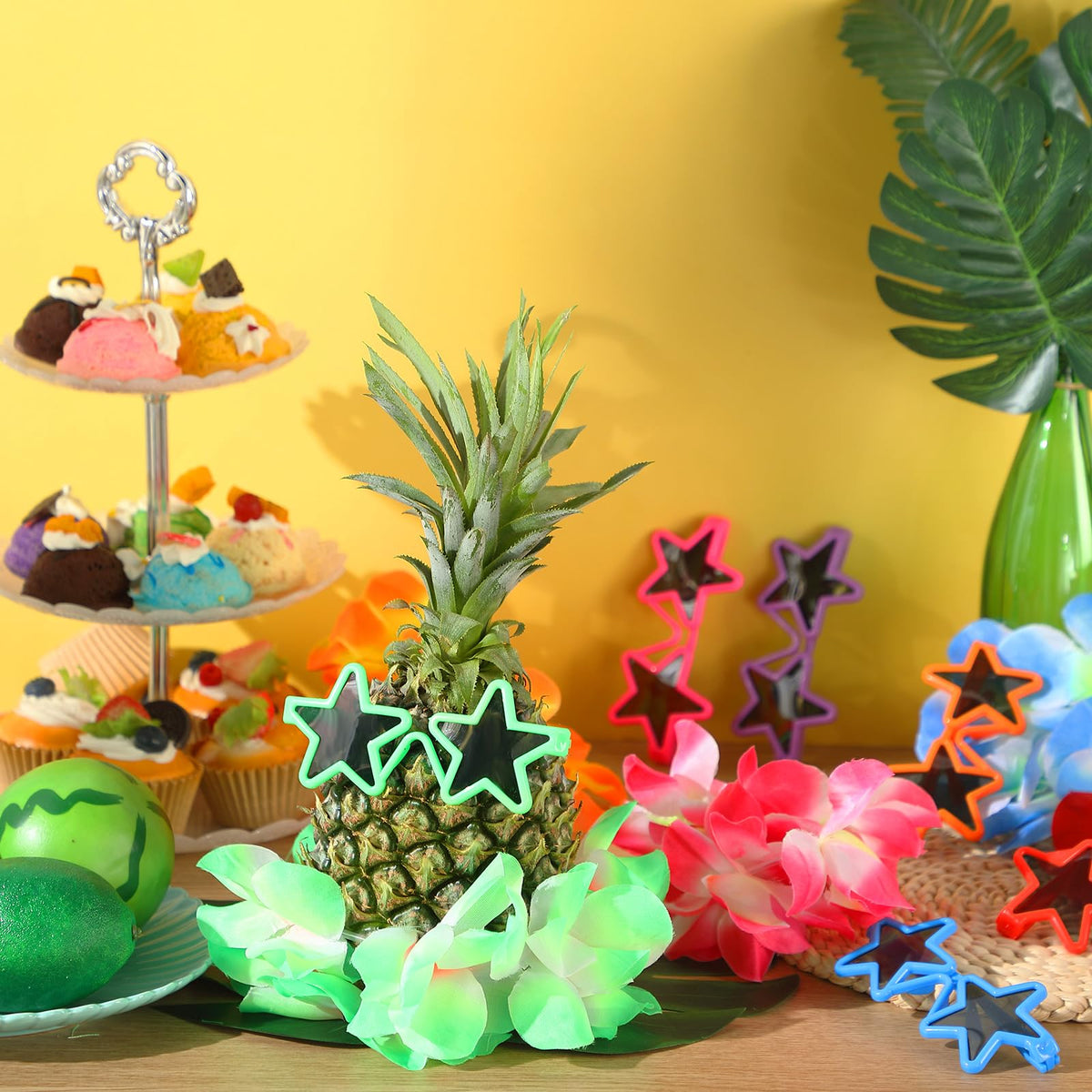Rotatingpals 6 Sets Pineapple Table Centerpieces Hawaiian Party Sunglasses Luau Table Decorations Tropical Decor for Beach Summer Party(Star)