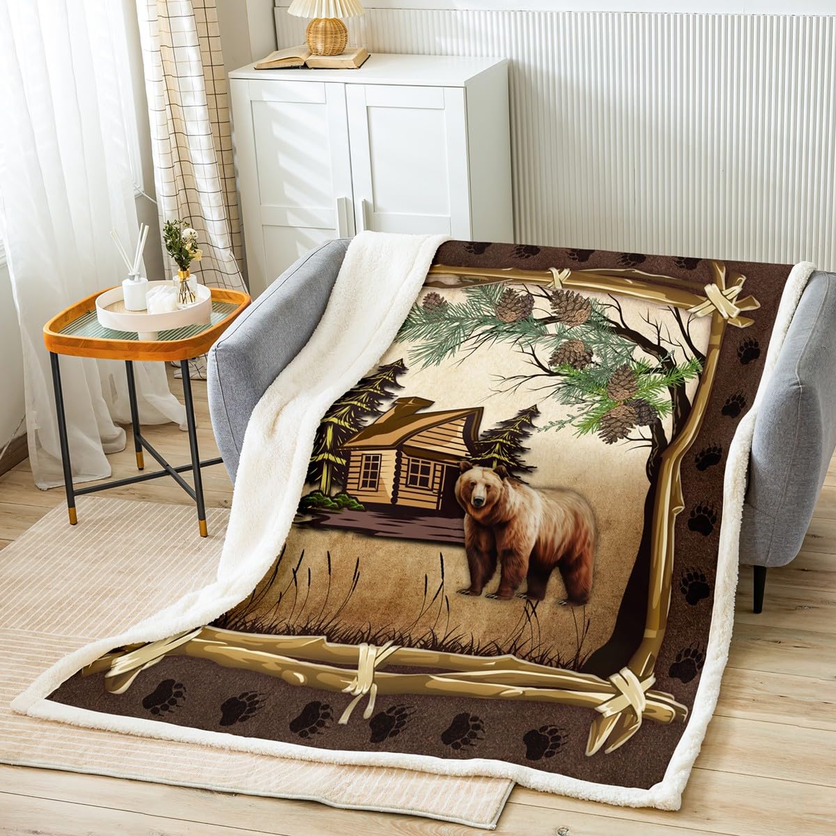Castle Fairy Brown Bear Throw Blanket,Rustic Cabin House Blankets for Kids Boys Girls Men Room Decor,Wild Animals Fleece Blanket,Pine Tree Bear Paw Print Sherpa Blanket,for Chair/Sofa,50"×60"