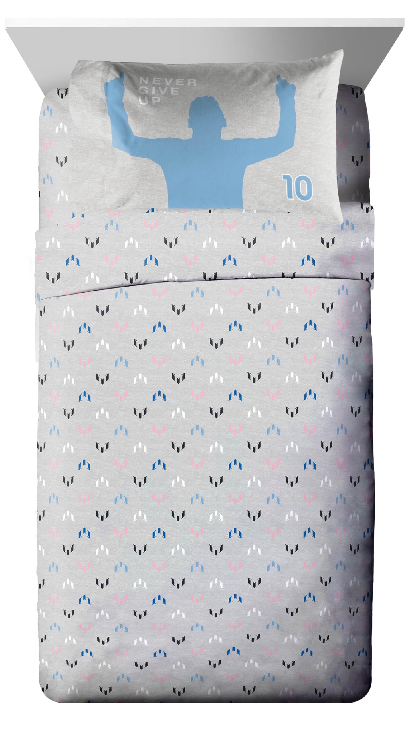 Jay Franco Kids Comforter Set Includes Sheets and Pillow Cover - Soft and Cozy Bed Set for Stylish Room Décor, Grey - Messi, 5 Piece Twin