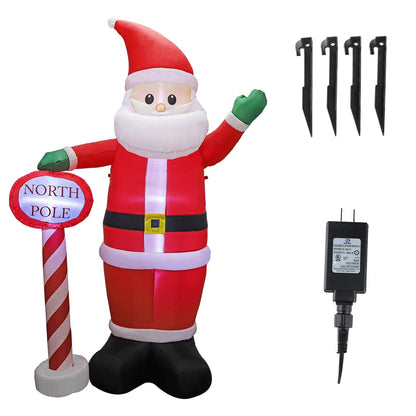 MorTime 8 FT Christmas Inflatable Santa Claus with Guidepost, Blow up Lighted Giant Wave Santa Claus North Pole with LED Lights Yard Decoration Party Display for Xmas Outdoor Decorations