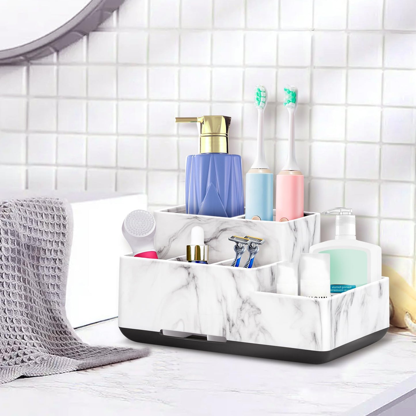 Detachable Toothbrush and Toothpaste Holder for Bathroom Countertop, Large Bathroom Organizer Storage Anti-Slip for Shower, Kitchen, Kids, Family, Multifunction Toothbrush Holders Marble Silver