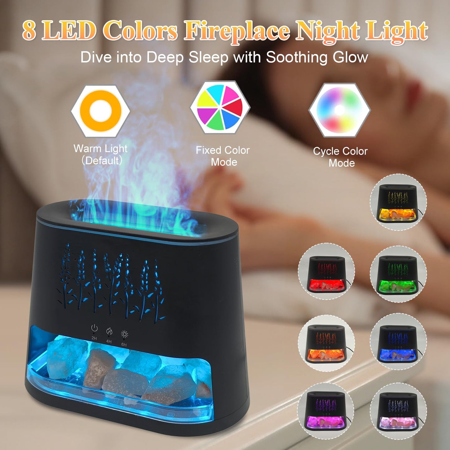 Fireplace Flame Diffuser & Himalayan Salt Lamp, 8 Colors Aromatherapy Diffuser Cool Mist Humidifier with Timer Auto Off Function for Home, Bedroom, Offie,Yoga