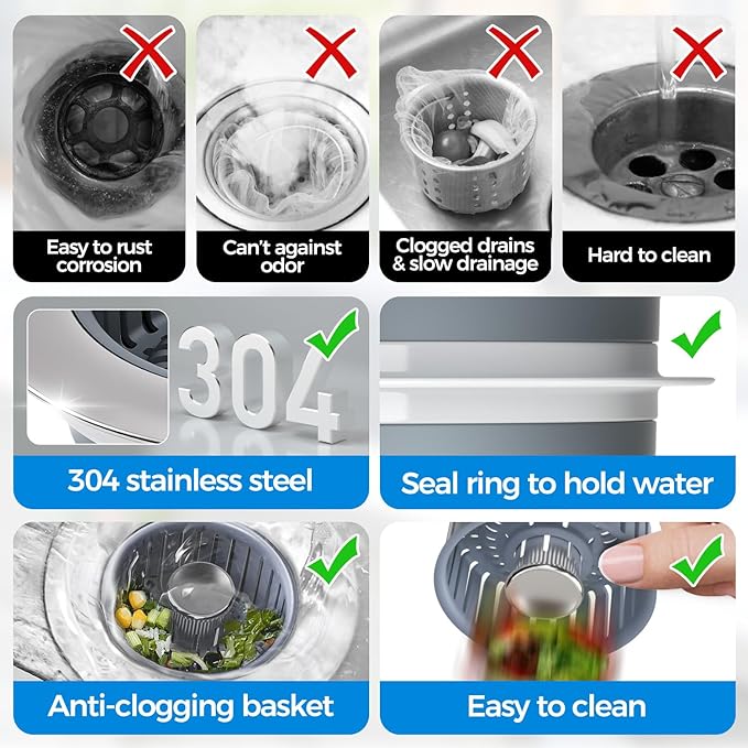 zaa 2 Pack Sink Drain Strainer, Sink Stopper, 3 in 1 Stainless Steel Kitchen