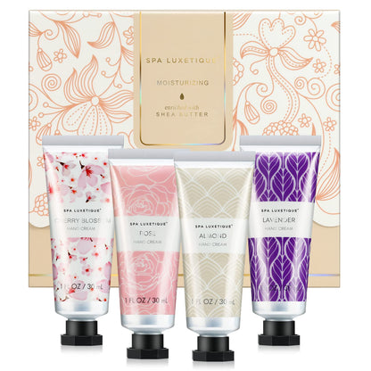 spa luxetique Hand Cream Set Pack of 4 Hand Lotion Christmas Gift Set Enriched with Shea Butter and Glycerin for Dry Hands, Hydrating&Moisturing Travel Size Hand Cream, Birthday Gifts for Women