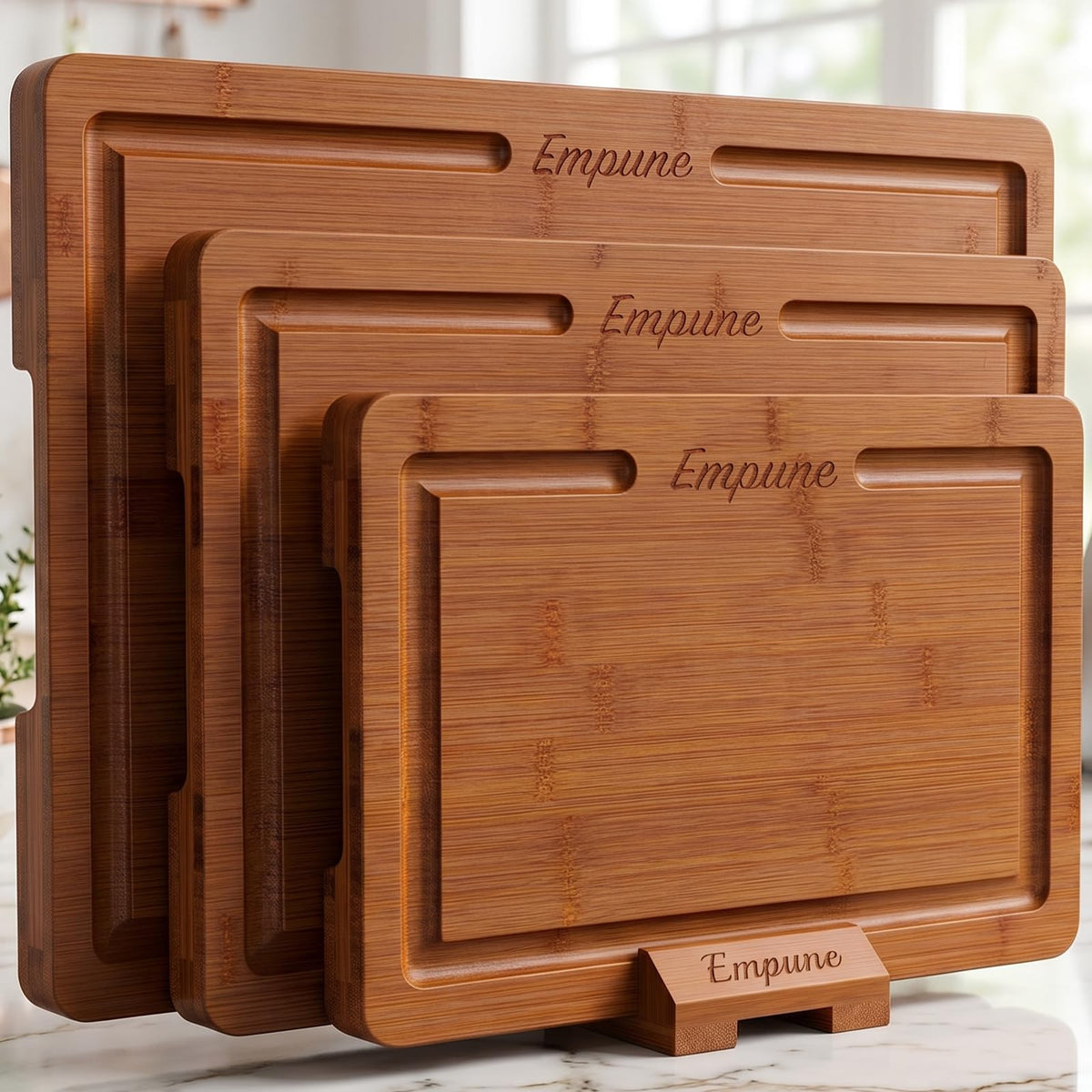 Empune Bamboo Cutting Boards for Kitchen, 3 Piece Extra Thick Cutting Board Set with Juice Groove, Deep Carbonized Bamboo Chopping Board, Reversible Wood Cutting Board for charcuterie boards, Brown