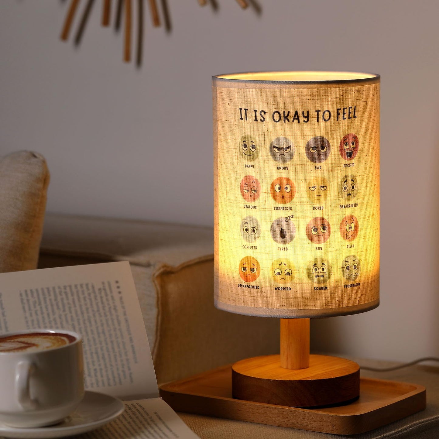 Baquler Bedside Table Lamp Boho Table Lamp Decorations for Bedroom It is Okay to Feel Classroom Light with USB Wood Base Cozy Nightstand Gifts Light for Counseling Home Desk Living Read Work