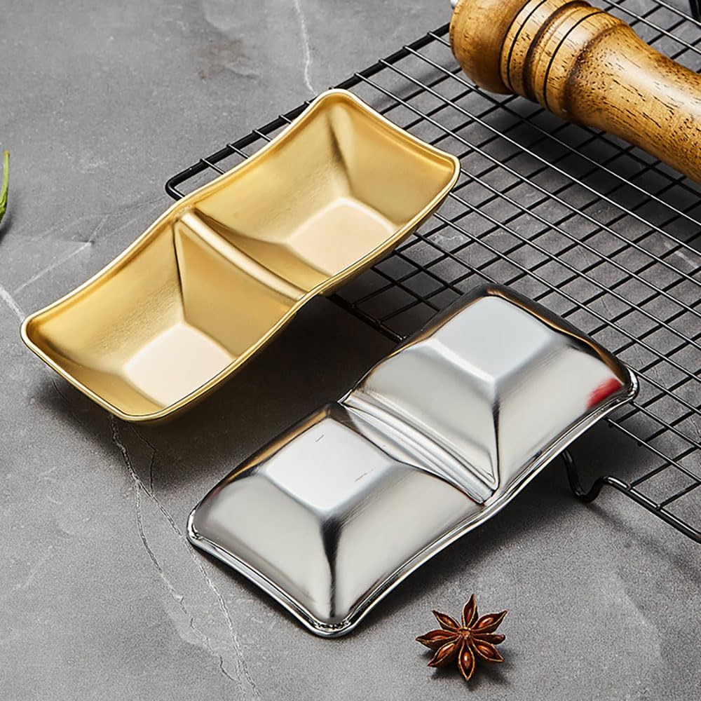 maiwalk Stainless Steel Side Dishes 4pcs Sauce Dish Bowls Condiments Cup Serving Bowl Set Sushi Dipping Saucers Soy Dipping Bowls for Home Kitchen Restaurant BBQ (Gold, 2 Compartment)