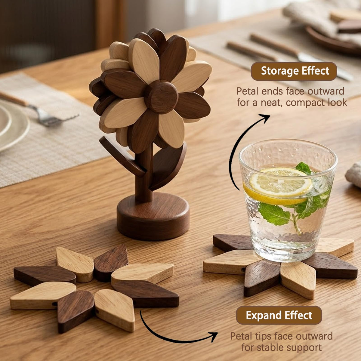 Wooden Trivets for Hot Dishes, 3-Piece Foldable Sunflower Coaster Set with Tree Stand, Heat Resistant Pot Holders for Pots, Pans and Countertops