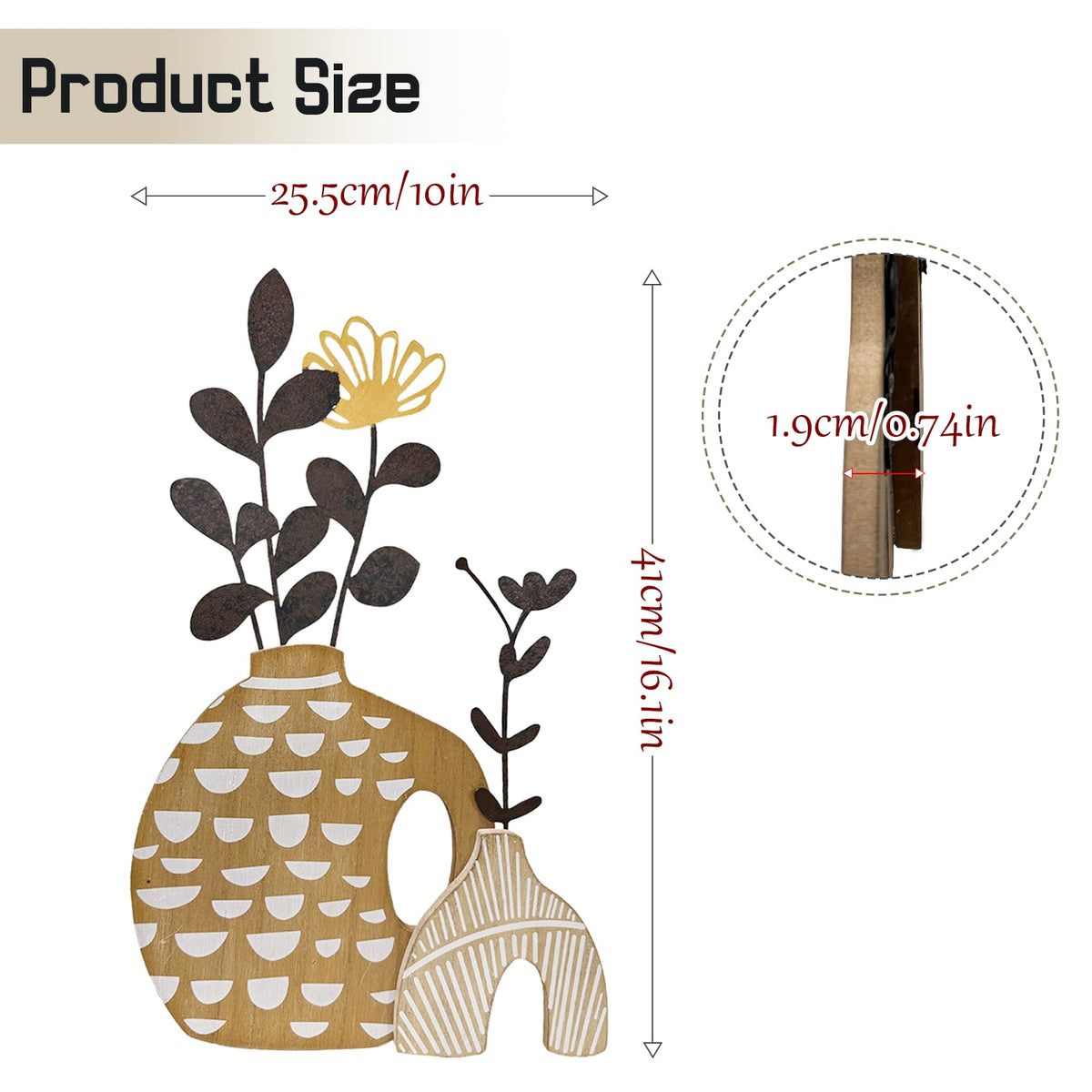 WOPARTY Rustic Metal and Wood Flowers Wall Art, Bohemian Vase with Flower Design, Black and Gold, 16.2x10 Inch, Farmhouse Wall Decor Home Bedroom Dining Room Housewarming