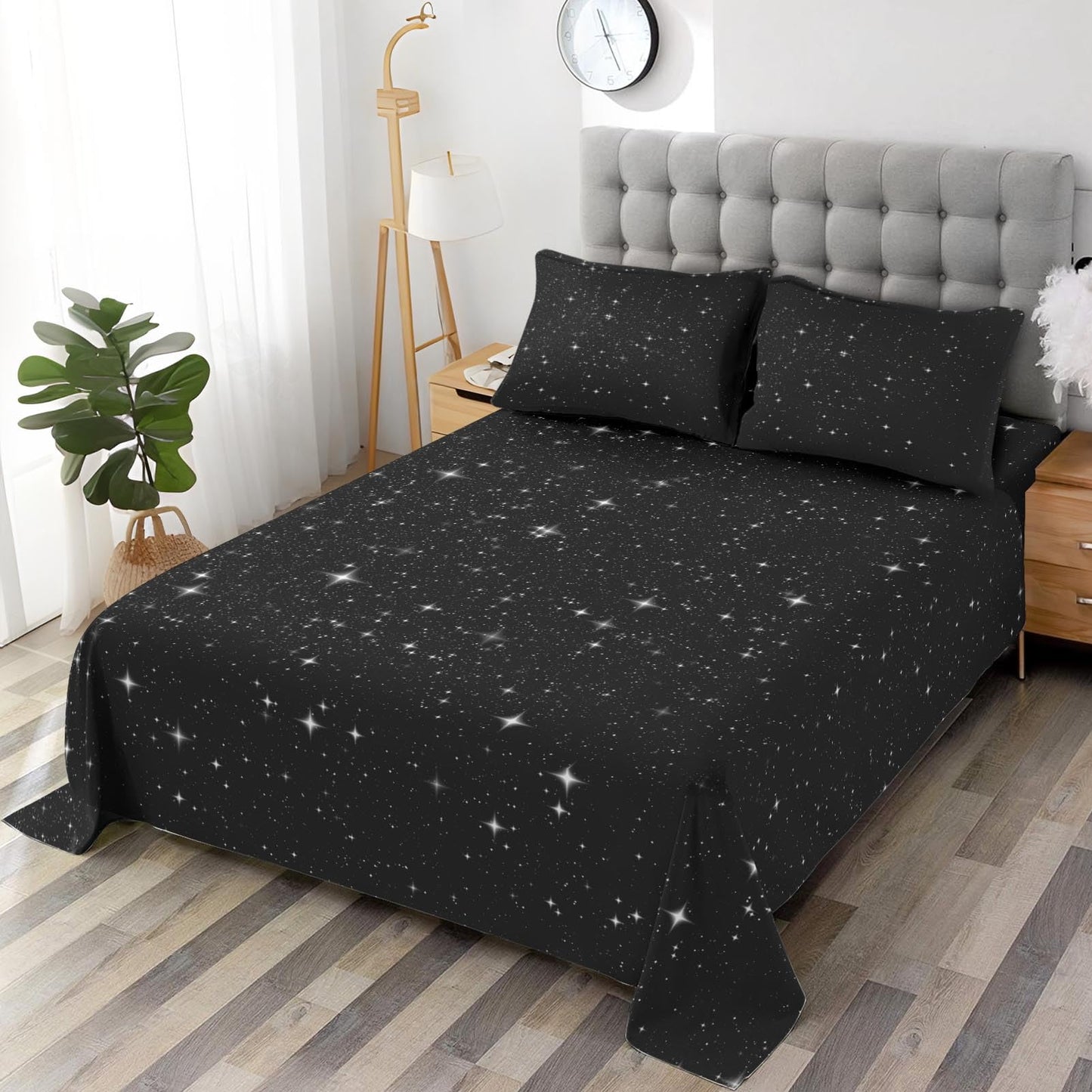 Pamnest Twin Size Bed Sheet Sets, Space Starry Deep Soft Microfiber 3 Pcs Bedding Sets for Kids and Adults Bedroom Bed Decor, Black Star Sky Flat, Fitted Sheet and Pillowcases