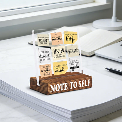 Inspirational Desk Decor with Positive Self Reminder Notes, Acrylic Encouragement Sign with Rustic Wood Base, Motivational Office Desk Gift for Coworker Friend SNOTE11
