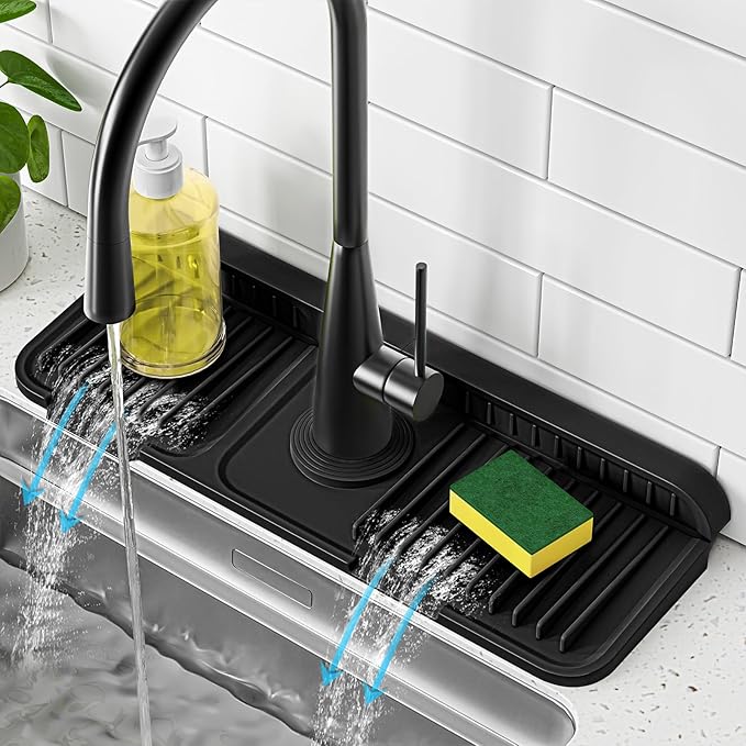PoYang 14.6 inch Faucet Mat for Kitchen Sink Splash Guard, 7° Slope Silicone