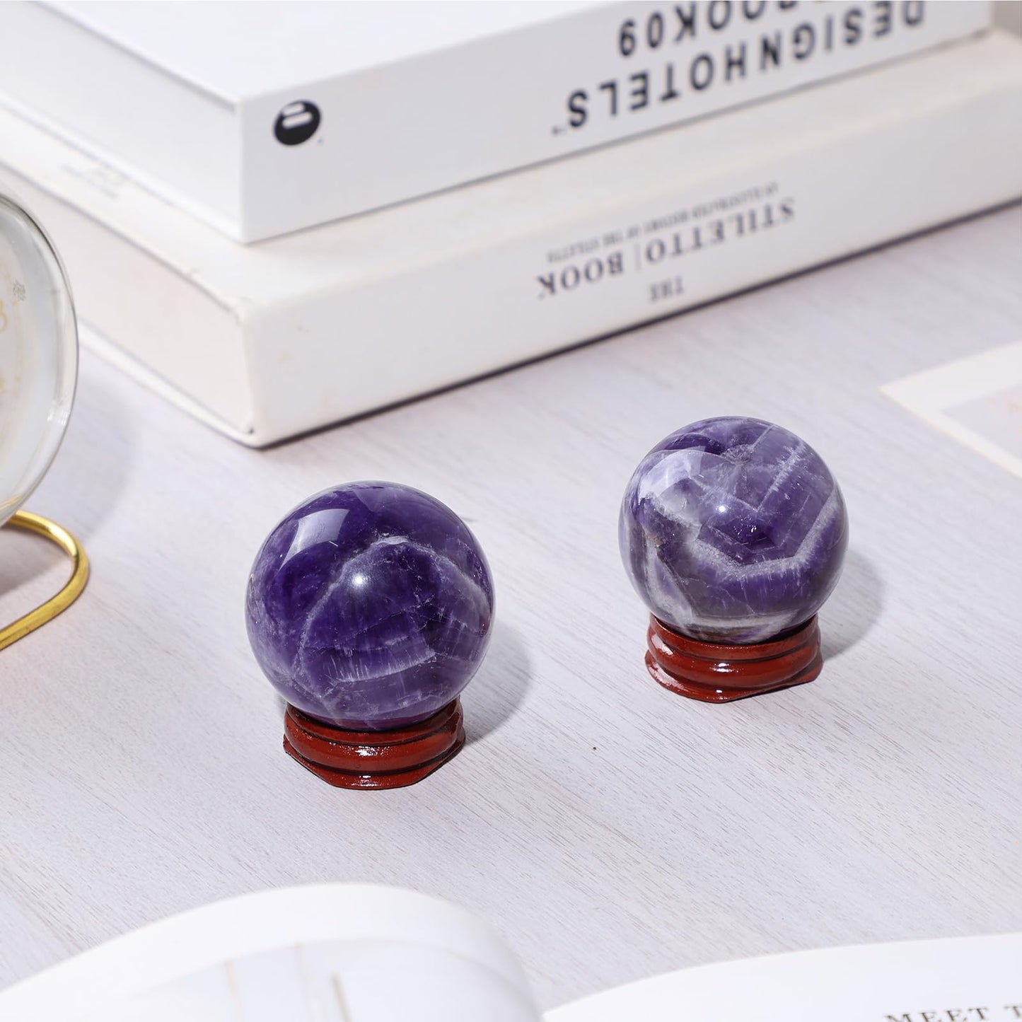 mookaitedecor Natural Amethyst Crystal Ball with Stand, 45-50 mm Decorative Round Stone Sphere Sculpture Figurine for Witchcraft Feng Shui Divination Home Decor
