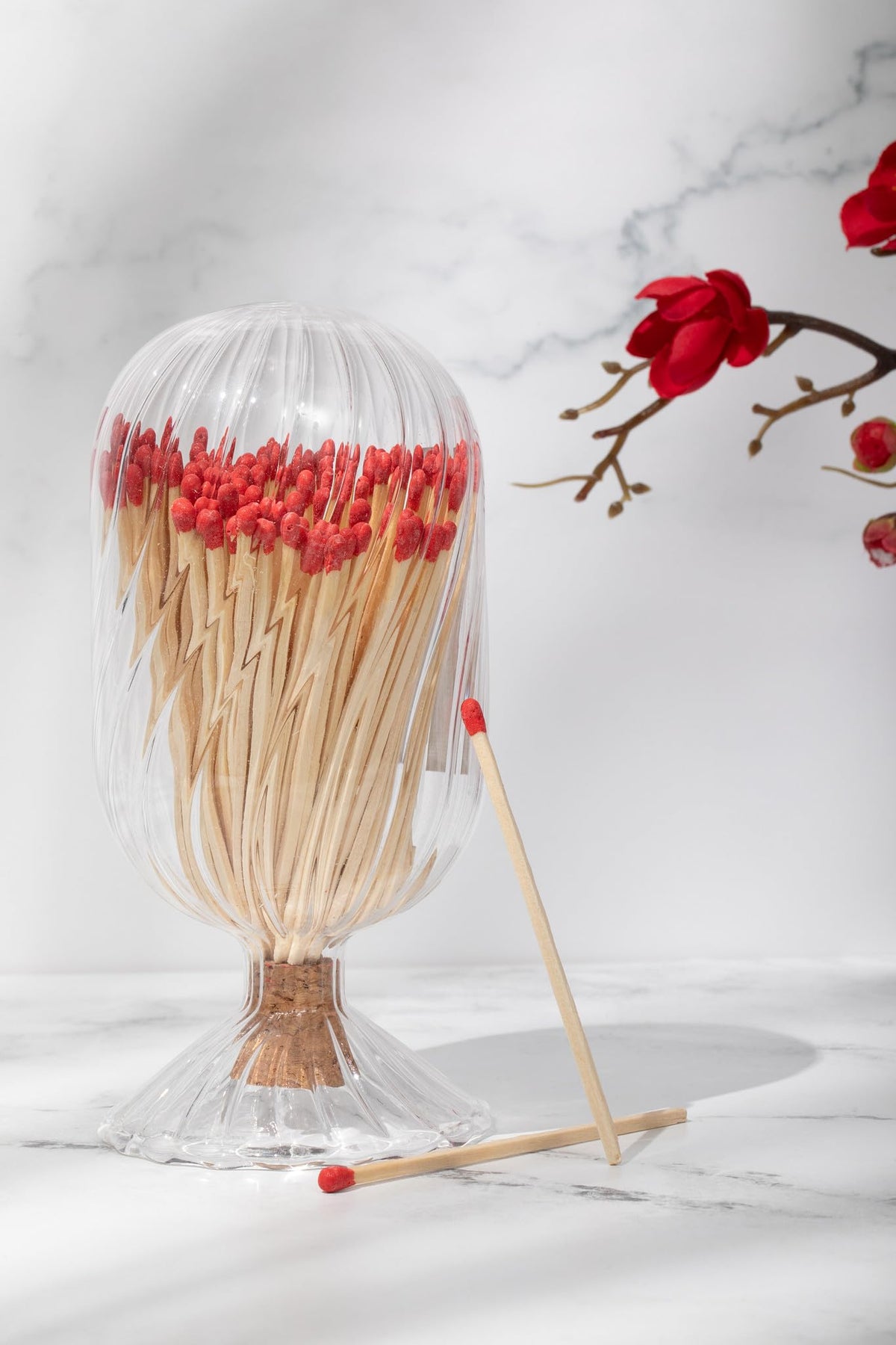 MILAVERA Premium Helix Glass Cloche - Decorative Jar with Striker. Holder for Long Matches for Candles, Fireplace, Bathroom Accessories, Bath Salts. Includes Attachable Match Striker. (No Matches)
