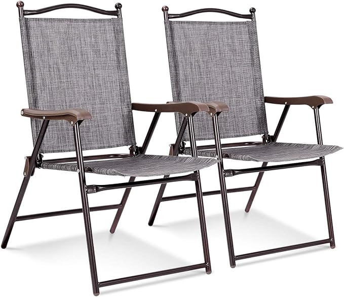 Giantex Set of 2 Patio Folding Chairs, Outdoor Patio Dining Chairs w/Armrest, Sling Back, Metal Frame, Outside Use for Lawn Camping Garden Pool Beach Yard Lounge, No Assembly, Grey