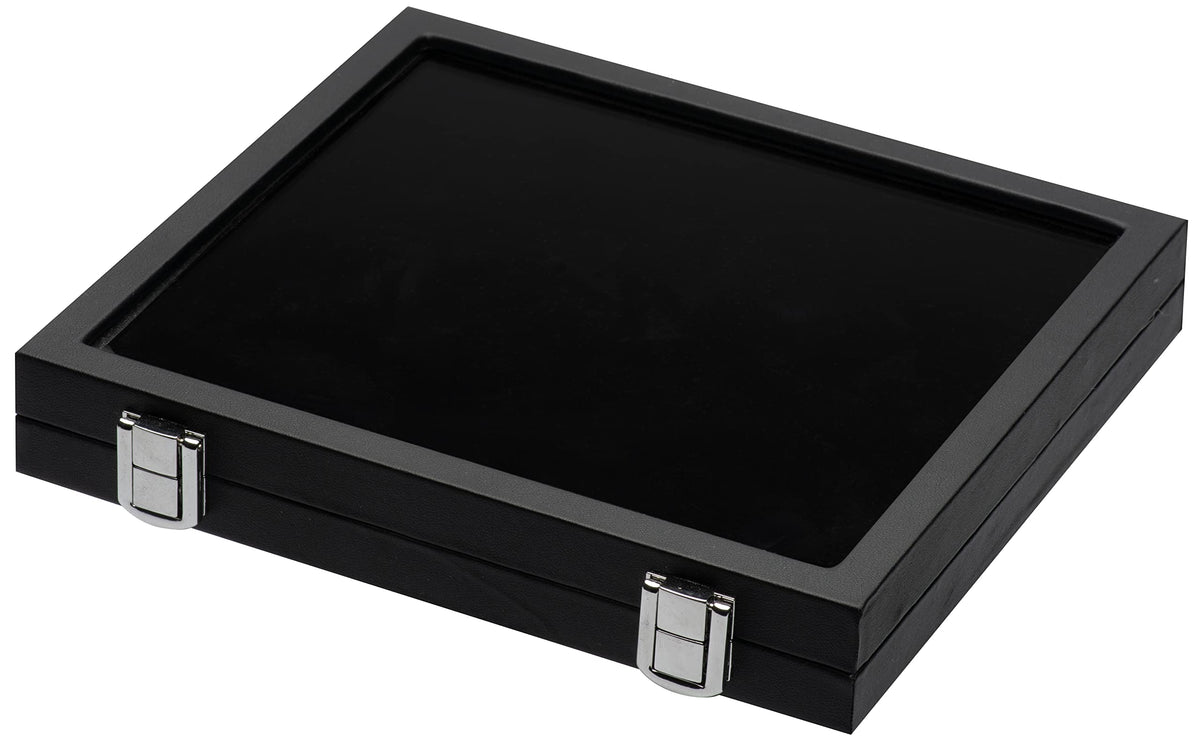 Giftop Jewelry Display Case Tempered Glass Top Lid Black Leatherette,Gemstone Display Case Jewelry Storage Box with Metal Clasp (Large)