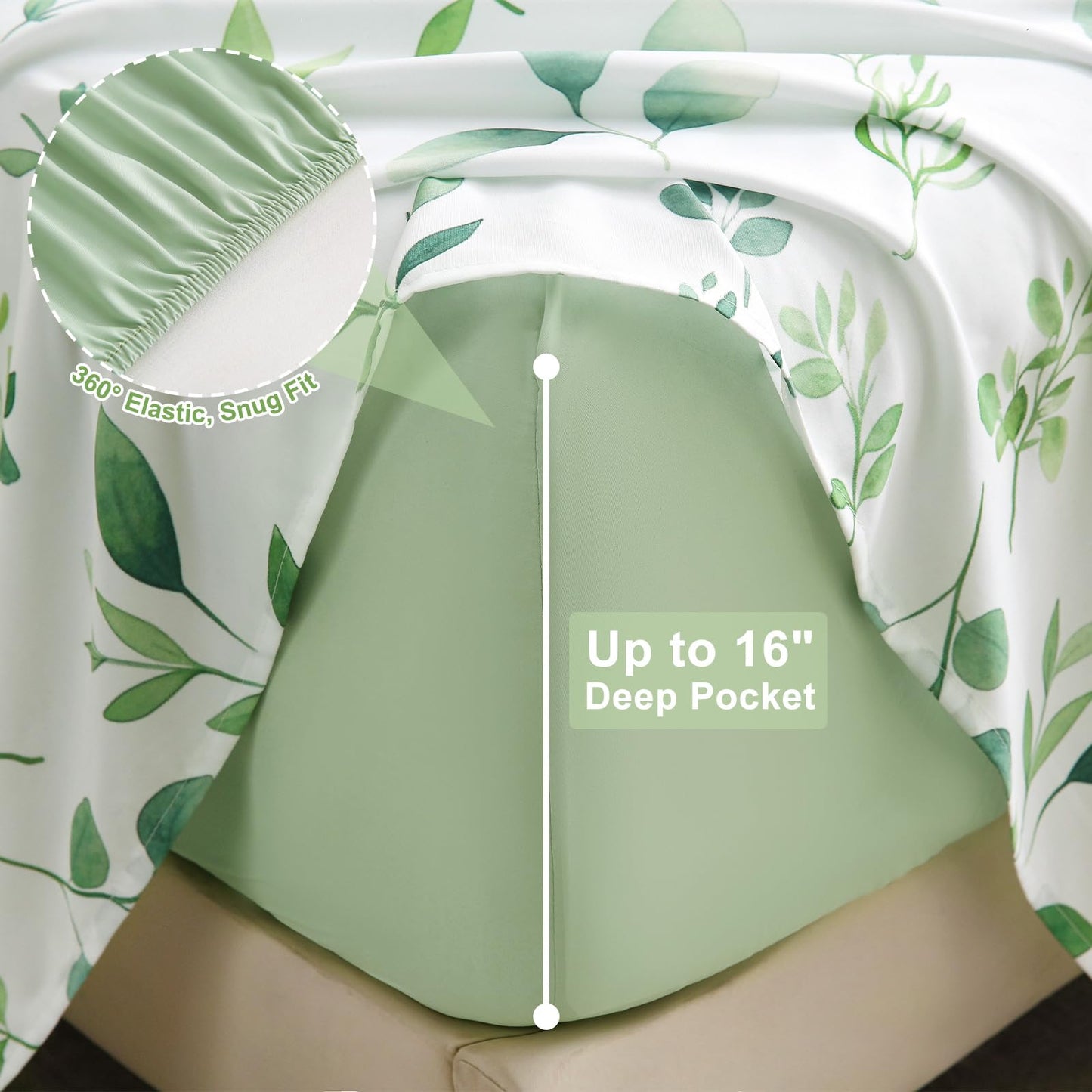 Botanical 6-Piece King Size Sheets Set, Boho Floral Print Brushed Microfiber Sheets, Cooling Bed Sheet Set, Ultra Soft & Breathable, 16' Deep Pocket Fitted Sheet & Pillowcase Set, Sage Green Leaves