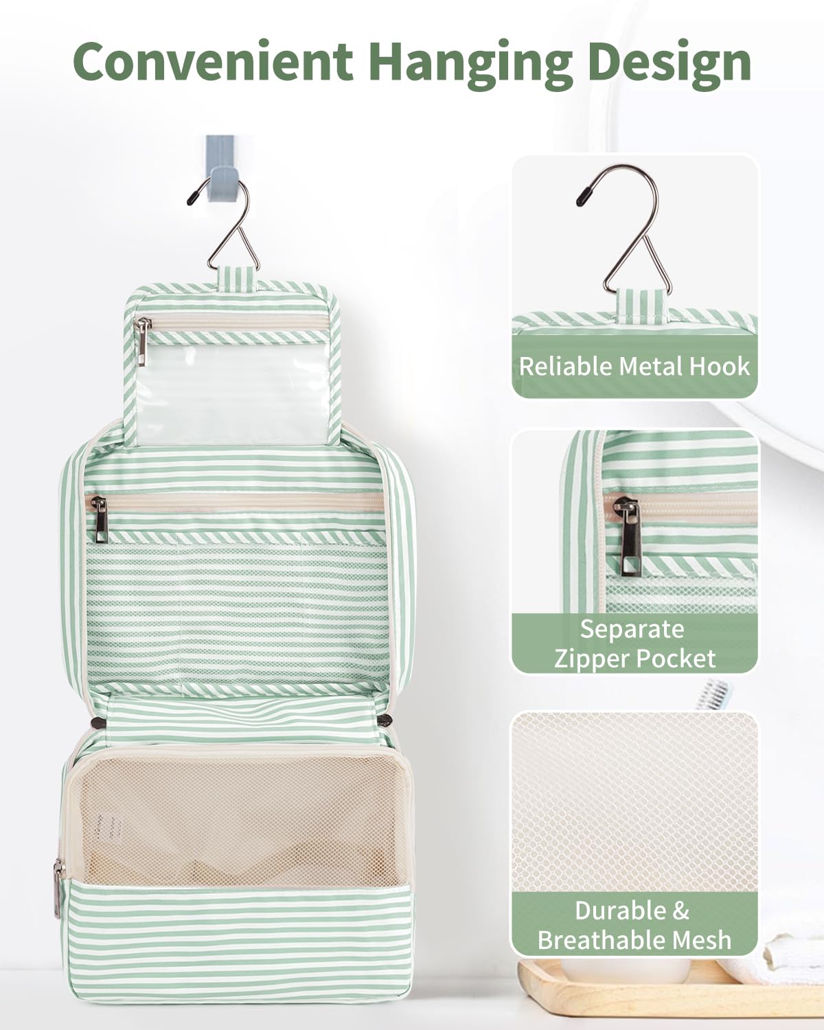 Travel Hanging Toiletry Wash Bag Toiletry Bags for Women Toiletries Bag Washbag Makeup Cosmetic Organizer for Men Girls (Mint Green Stripe)