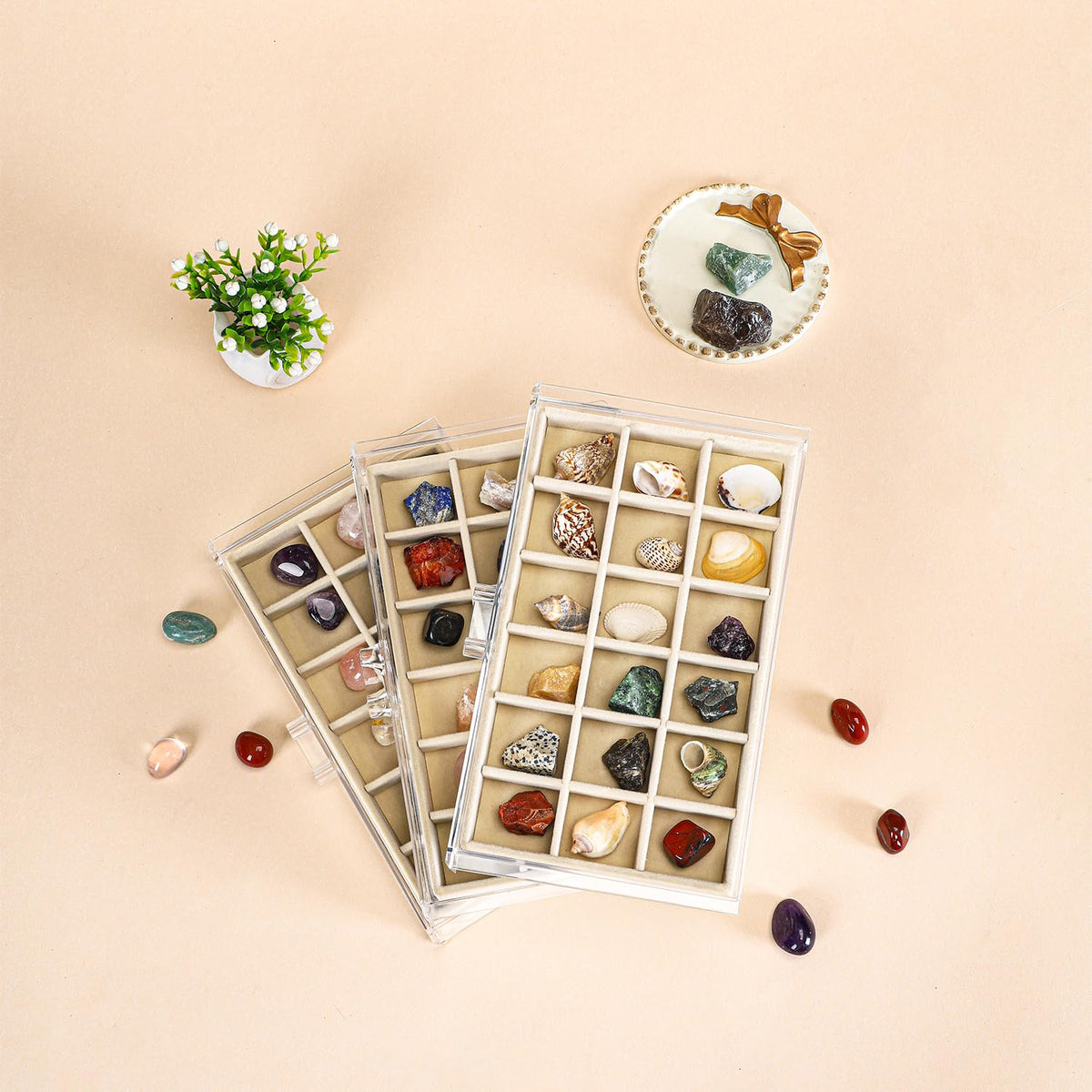CLUQMEIK Acrylic Rock Collection Display Case with 54 Grids Storage Compartments Rock Collection Boxes Display Organizer Collection Storage Display Cases for Collectibles Crystal /Rock（Beige）