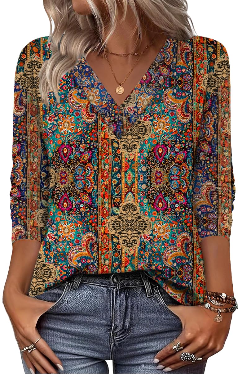 Zeagoo Women Long Sleeve Tops V Neck Blouses Floral Boho Shirts Loose Fit Business Casual Work Tshirts
