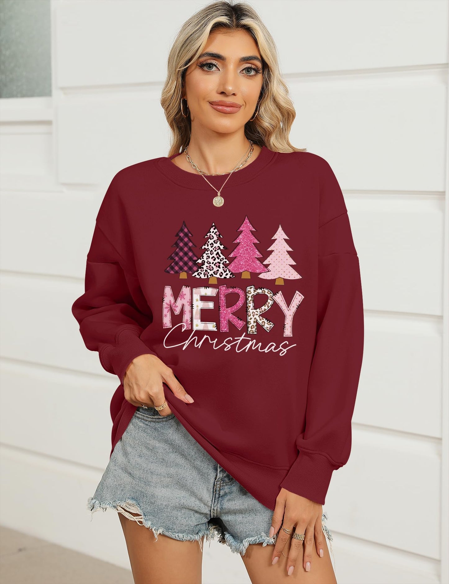 Micoson Christmas Sweater Graphic Sweatshirts Holiday Merry Print Funny Cute Tops(Wine Christmas Tree, M)