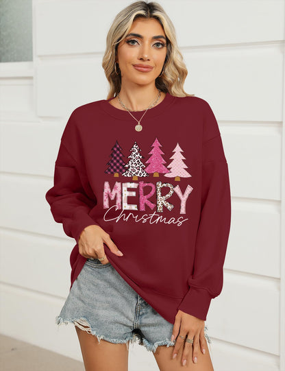 Micoson Christmas Sweater Graphic Sweatshirts Holiday Merry Print Funny Cute Tops(Wine Christmas Tree, M)