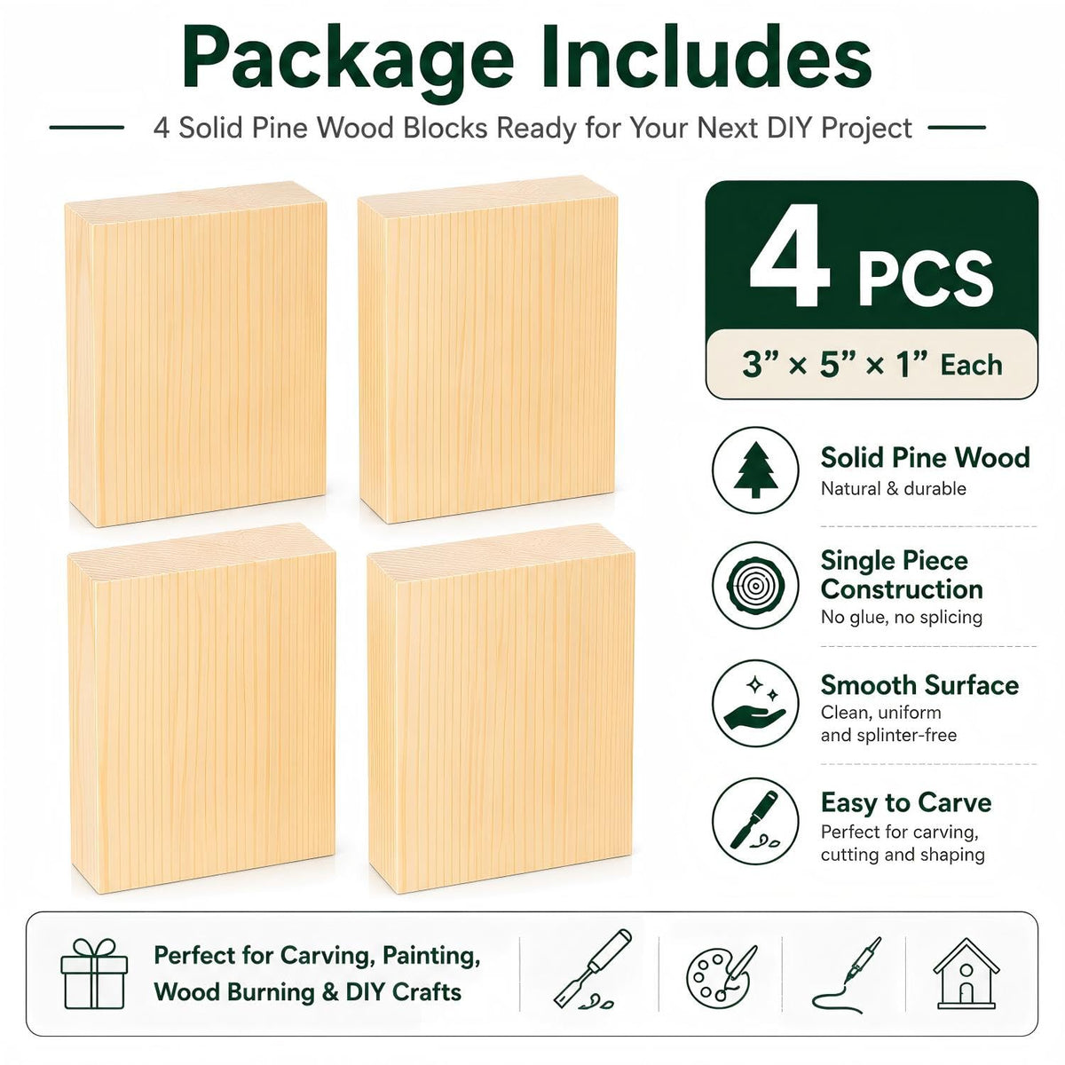 Unfinished Wood Blocks for Crafting, 3X5X1 Inch Wood Carving Blocks, 4 Pcs Solid Pine Wood Blocks for Craft DIY Wood Carving Painting Wall Decorations for Beginners and Adults