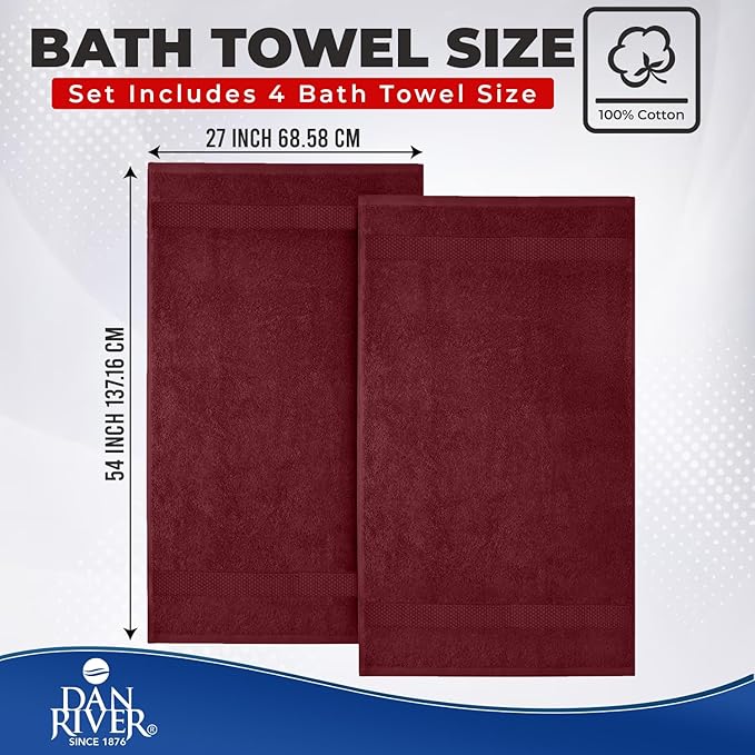 DAN RIVER Bath Towels Set of 4, 27 x 54 Inches, 100% Cotton, Larger & Lighter