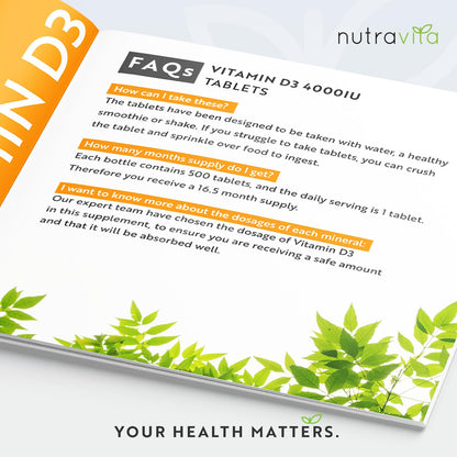 Vitamin D 4000 IU - 500 Micro Tablets - Max Strength - 16 Month Supply - Hight Strength Vegetarian VIT D3 - Vitamin D3 Supports Your Immune System & Bone Health - Made in The UK by Nutravita
