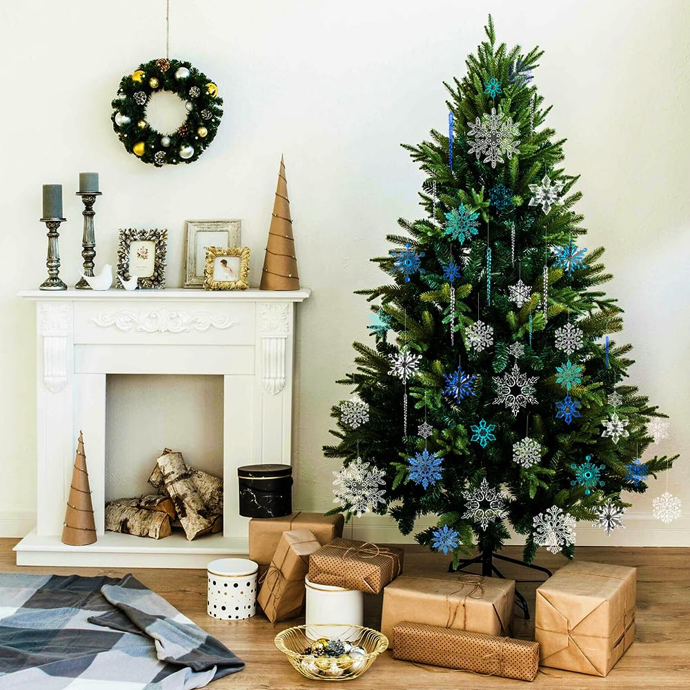 YUJUN 56PCS Christmas Snowflakes Crystal Decorations Winter Blue Snowflakes Christmas Tree Icicle Drops Ornaments Hanging Chandelier Pendants Beads for Xmas Winter New Year Wedding Party Decor