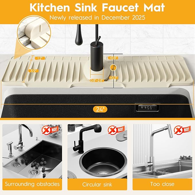 24" Silicone Faucet Mat for Kitchen Sink Released in 2025/12TH, 8° Slope Fast