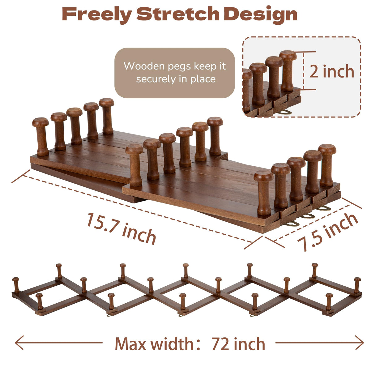 Cozcty Accordion Wall Hanger, Wooden Hat Rack for Wall with 16 Hooks, Expandable Peg Hat Hanger Organizer, Decorative Coat Rack Hanging Baseball Caps, Bags, Scarves (Walnut)