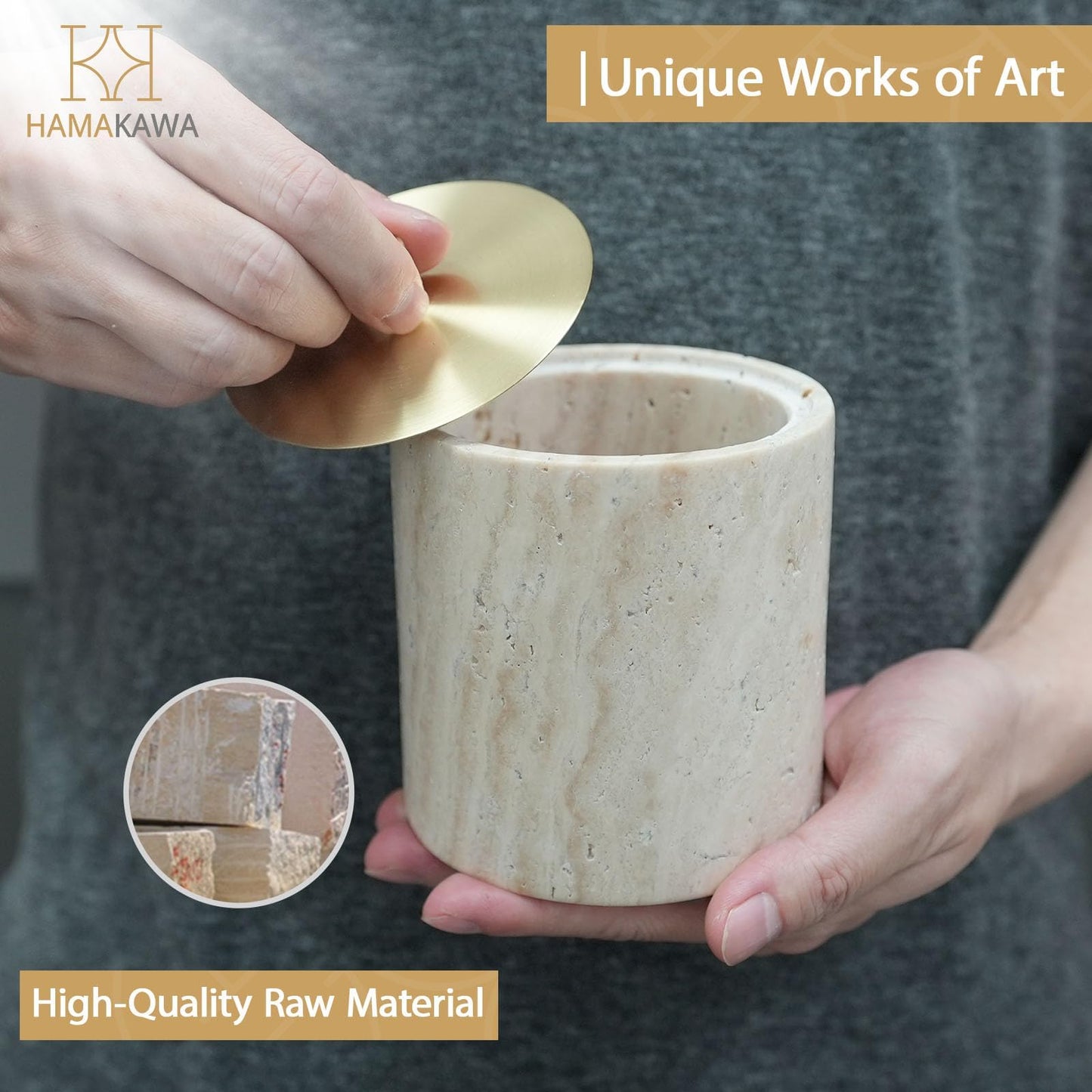 HAMAKAWA Nartural Marble Qtip Holder with Brass Lid, Beige Travertine Cotton Swab Jar, Modern Round Canister, Small Apothecary Storage Jars for Bathroom, Bedroom, Vanity, Kitchen Cabinet