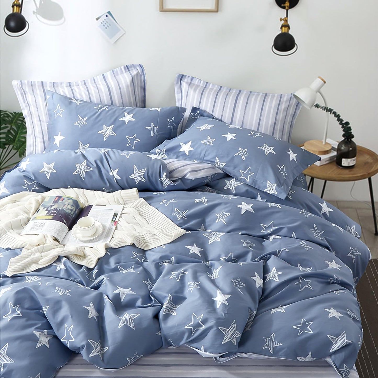 LEMIROE Blue Cotton Comforter King Size 3Pcs - White Doodle Style Stars on Denim Blue Front, Gray Stripes on Back, Reversible Lightweight Bedding Sets with Soft Fill(King, 104"×90")