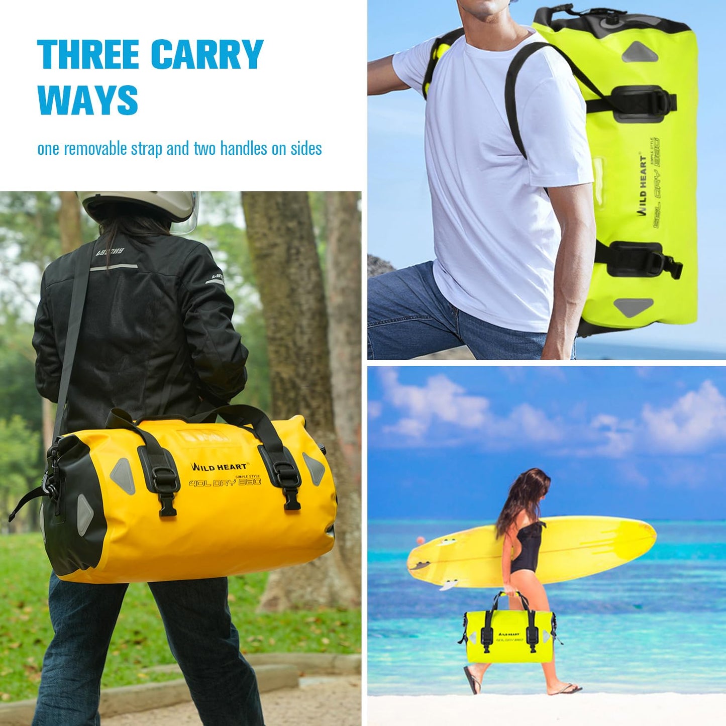 Wild Heart Waterproof Travel Bag PVC500D Double Base with Rope Strap and Inner Pocket 40L 66L 100L, Bright Green, 66L, Waterproof Travel Bag